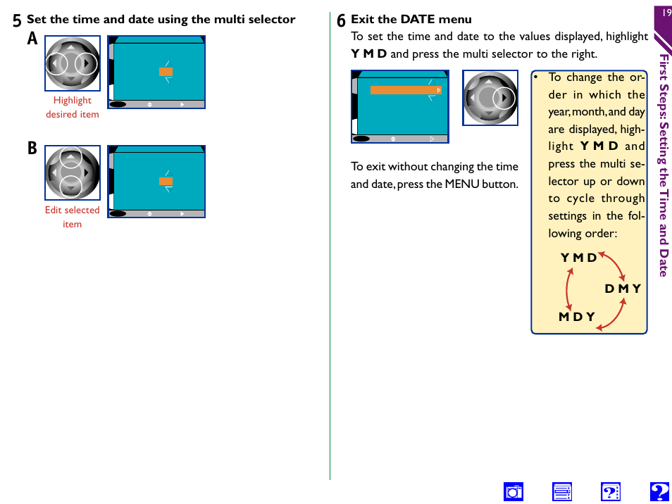 First steps: setting the time and date, Set the time and date using the multi selector | Nikon 990 User Manual | Page 19 / 107