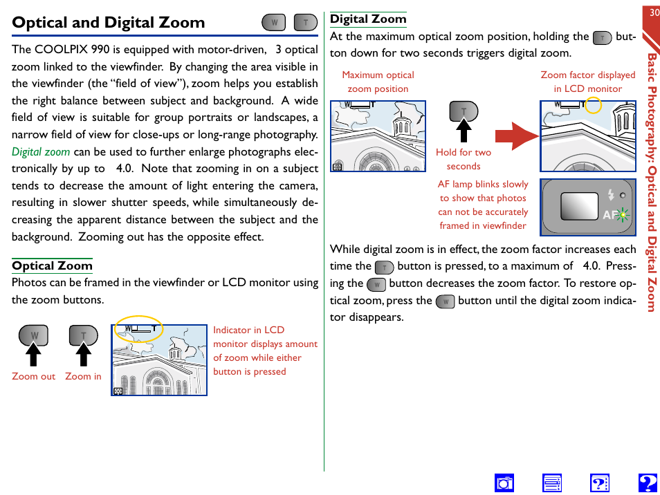 Optical and digital zoom, Zoom-out (wide), Button | Zoom-in (tele) | Nikon 990 User Manual | Page 30 / 107