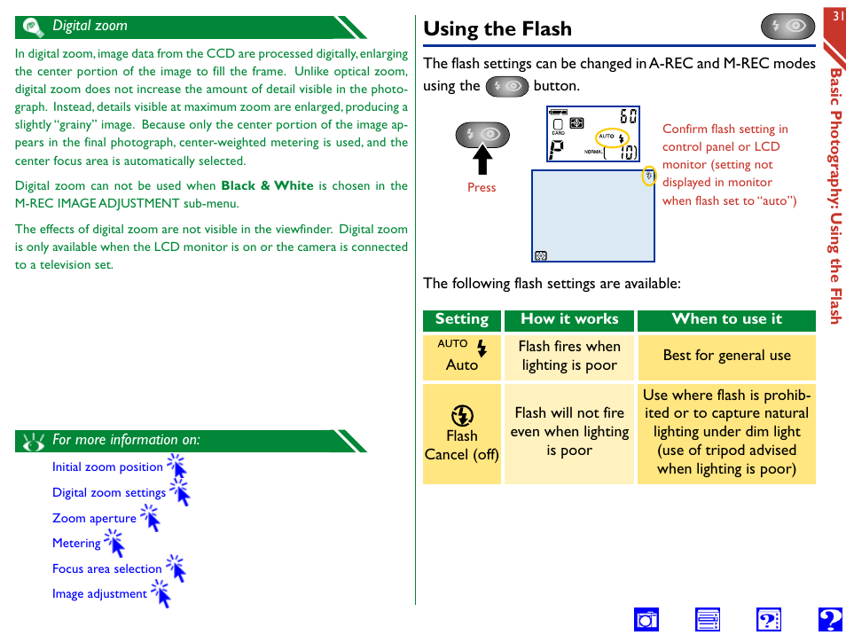 Using the flash, Flash/sensitivity, Thumbnail) | Button, Built-in, Flash, Flash mode | Nikon 990 User Manual | Page 31 / 107