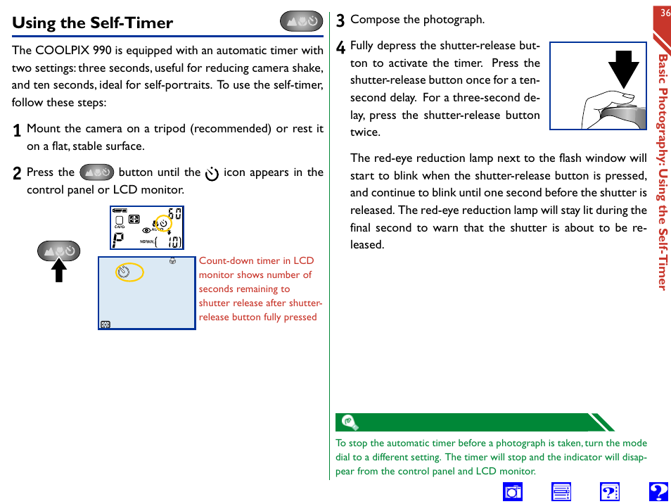 Using the self-timer | Nikon 990 User Manual | Page 36 / 107