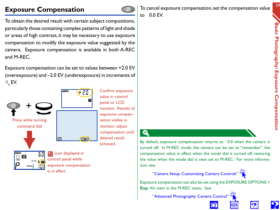 Exposure compensation, Func 2) button, Exposure | Compensation, Indicator | Nikon 990 User Manual | Page 39 / 107