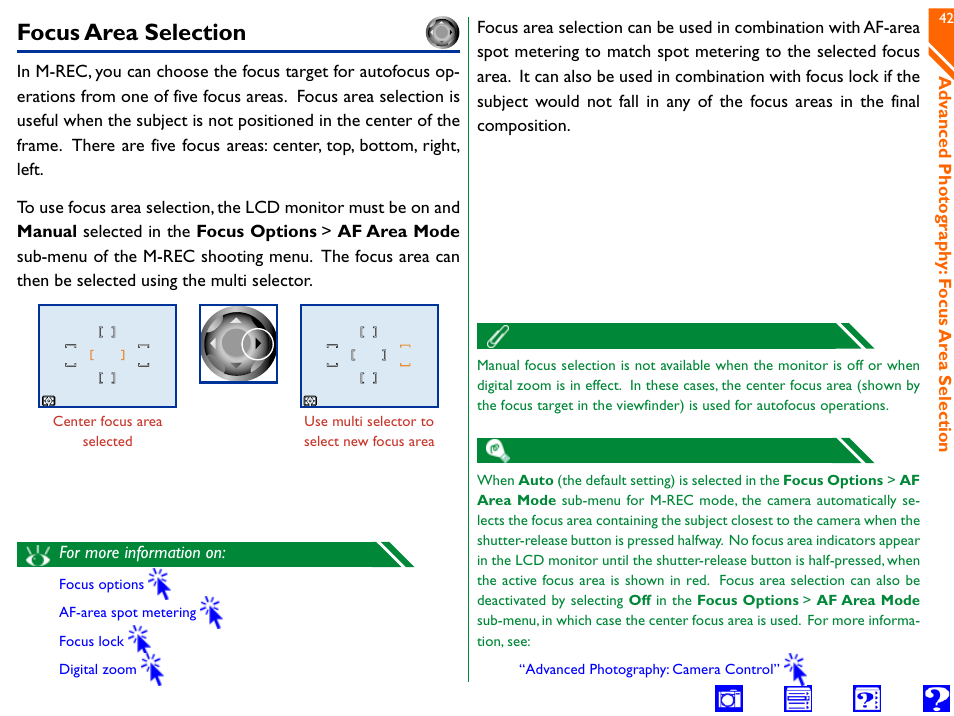 Focus area selection, Focus area | Nikon 990 User Manual | Page 42 / 107