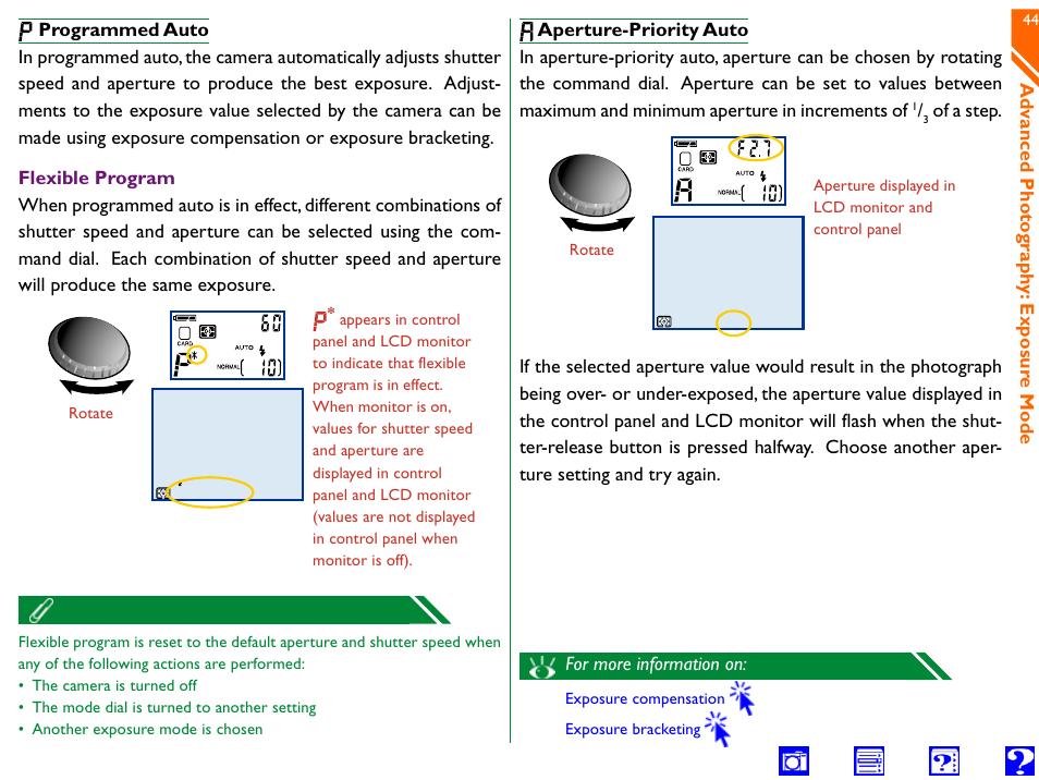 Programmed auto, Aperture-priority auto, Shutter-speed/aperture | Display (press, Switch between shutter, Speed and aperture) | Nikon 990 User Manual | Page 44 / 107