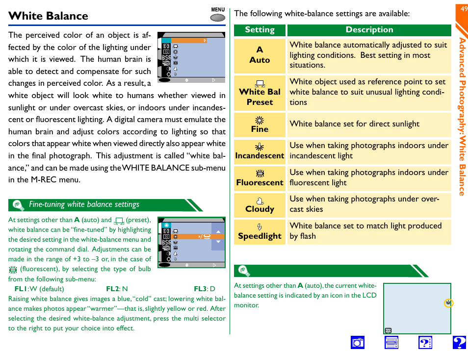 White balance, Auto white, Hite bal preset | Fine incandescent, Incandescent fluorescent, Fluorescent cloudy, Loudy, Speedlight, Advanced photo graph y: white balance, Fine-tuning white balance settings | Nikon 990 User Manual | Page 49 / 107