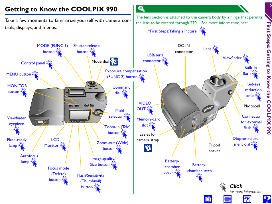 Getting to know the coolpix 990, Click | Nikon 990 User Manual | Page 5 / 107