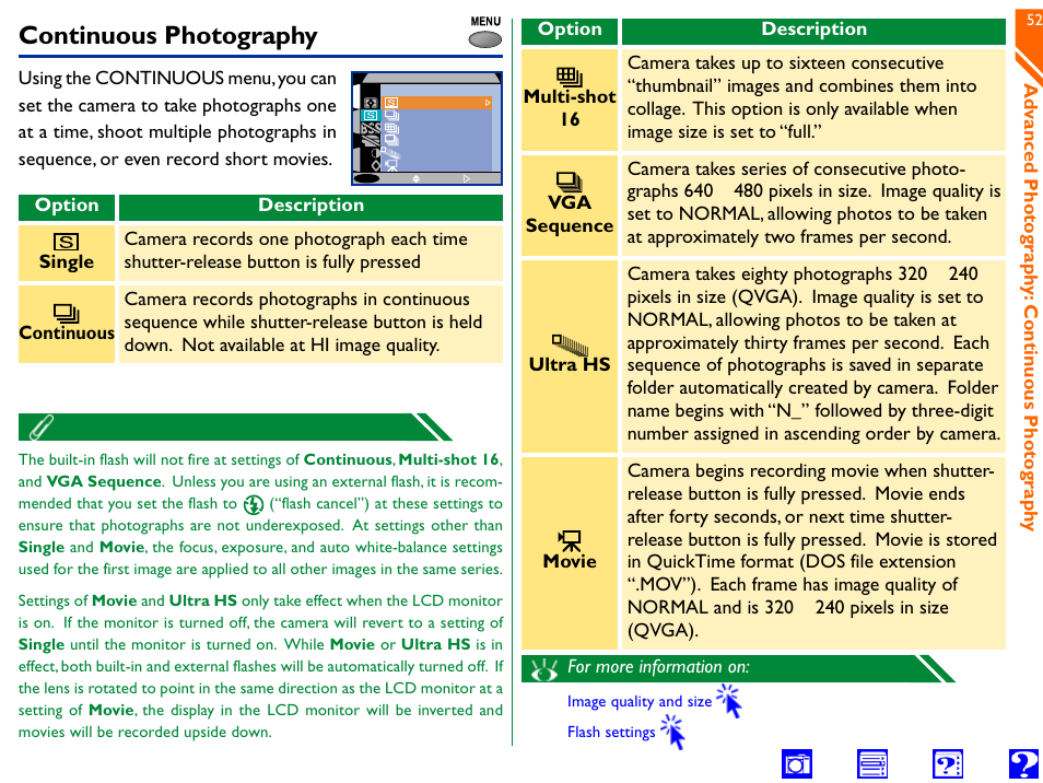 Continuous photography, Continuous, Multi-shot settings | Nikon 990 User Manual | Page 52 / 107