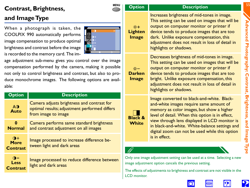 Contrast, brightness, and imagetype, Image adjustment, Normal | Auto, Black&white, Contrast, brightness, and image type | Nikon 990 User Manual | Page 55 / 107