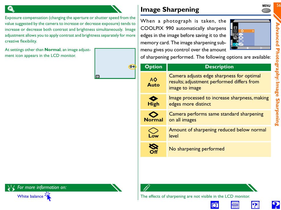 Image sharpening, High normal low, Auto | Nikon 990 User Manual | Page 56 / 107