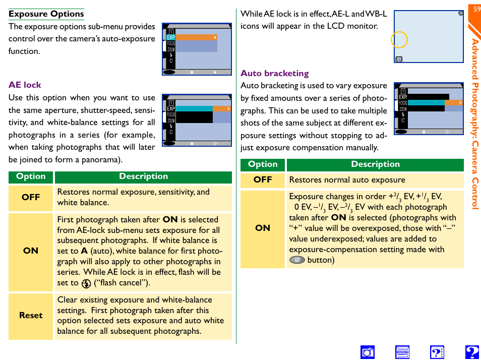 Exposure options, Ae lock auto bracketing exp, Off on reset | Off on, Advanced photo graph y: camera contr ol, Option description on exposure changes in order, Ev, ± 0 ev | Nikon 990 User Manual | Page 59 / 107