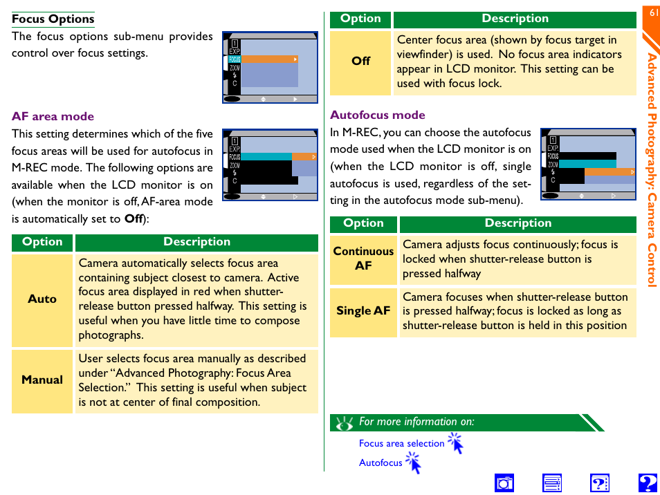 Focus options, Auto manual off, Continuous af single af | Autofocus mode (m-rec), Advanced photography: camera control, Advanced photo graph y: camera contr ol | Nikon 990 User Manual | Page 61 / 107