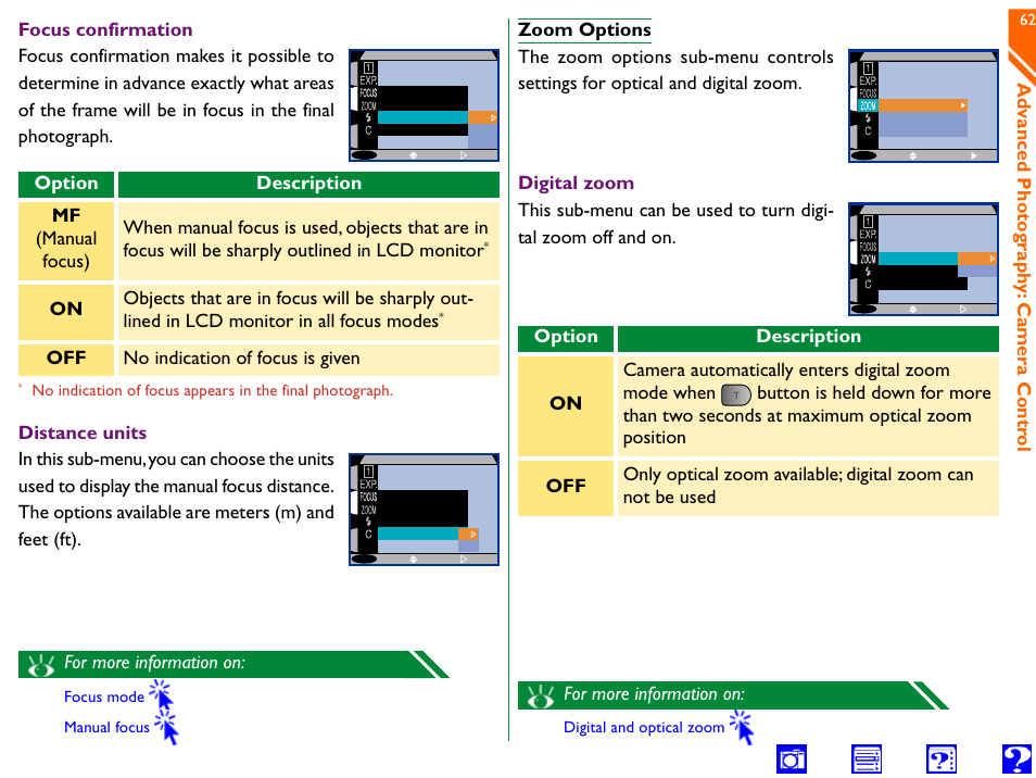 Zoom options, Digital tele startup position fixed aperture, Mf on off | M ft, On off, Digital zoom settings, Advanced photo graph y: camera contr ol, For more information on | Nikon 990 User Manual | Page 62 / 107