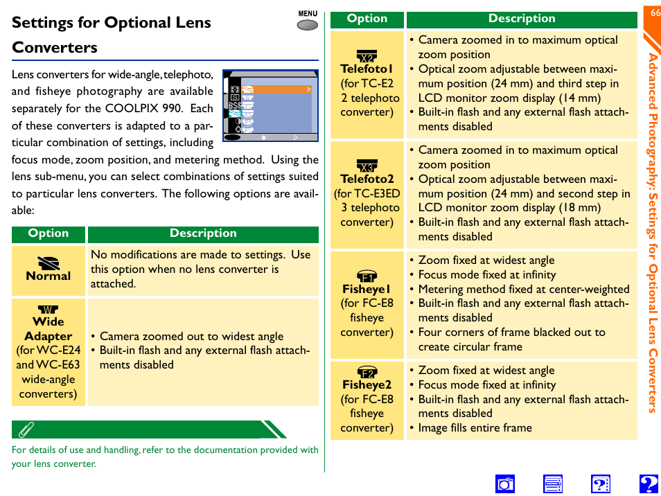 Settings for optional lens converters, Lens, Lens converters | Lens converter settings, Optional lens converters | Nikon 990 User Manual | Page 66 / 107