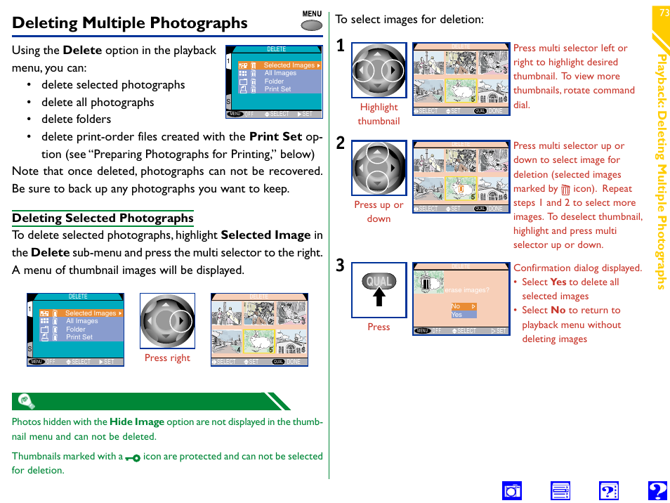 Deleting multiple photographs, Deleting selected photographs, Delete | Print set, Selected images, Folder, All images, Pla yback: deleting multiple photo gra phs | Nikon 990 User Manual | Page 73 / 107