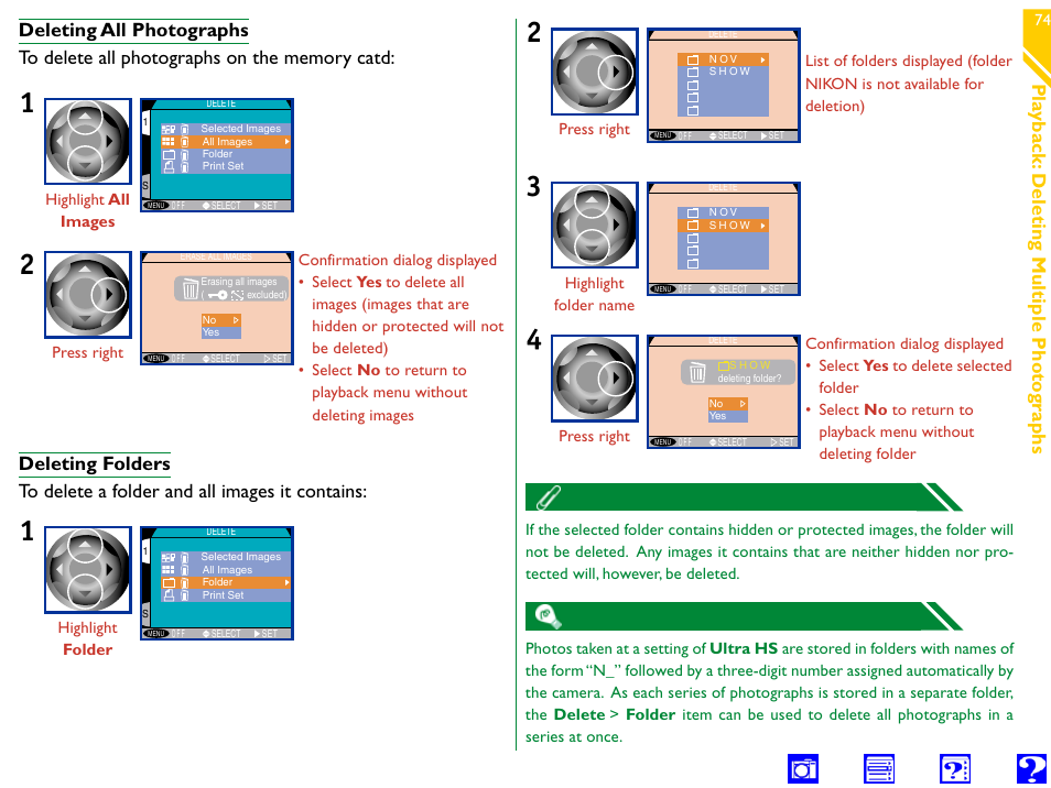 Deleting all photographs, Deleting folders, Delete | S h o w, N o v, Erase all images, Erasing all images, Excluded) | Nikon 990 User Manual | Page 74 / 107