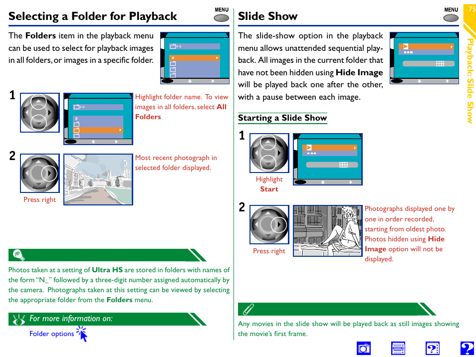 Selecting a folder for playback, Slide show, Pause | Start, Frame intvl, Folders, N o v, Options, N i k o n, All folders | Nikon 990 User Manual | Page 75 / 107