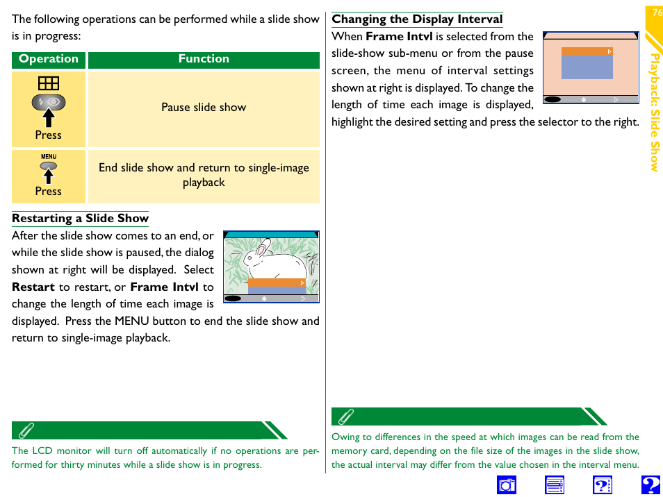 Restarting a slide show, Changing the display interval | Nikon 990 User Manual | Page 76 / 107