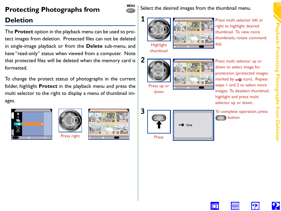 Protecting photographs from deletion, Protect, Pla yback: pr otecting photo graphs fr om deletion | Select the desired images from the thumbnail menu | Nikon 990 User Manual | Page 77 / 107