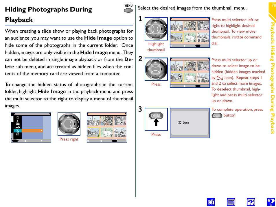 Hiding photographs during playback, Hide image, Pla yback: hiding photo gra phs during pla yback | Select the desired images from the thumbnail menu | Nikon 990 User Manual | Page 78 / 107