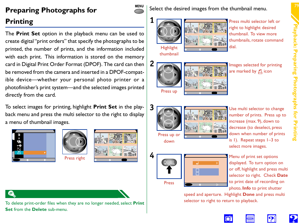 Preparing photographs for printing, Print, Print set | Info date, Done, Pla yback: pr eparing photo gra phs f or printing, Select the desired images from the thumbnail menu | Nikon 990 User Manual | Page 79 / 107