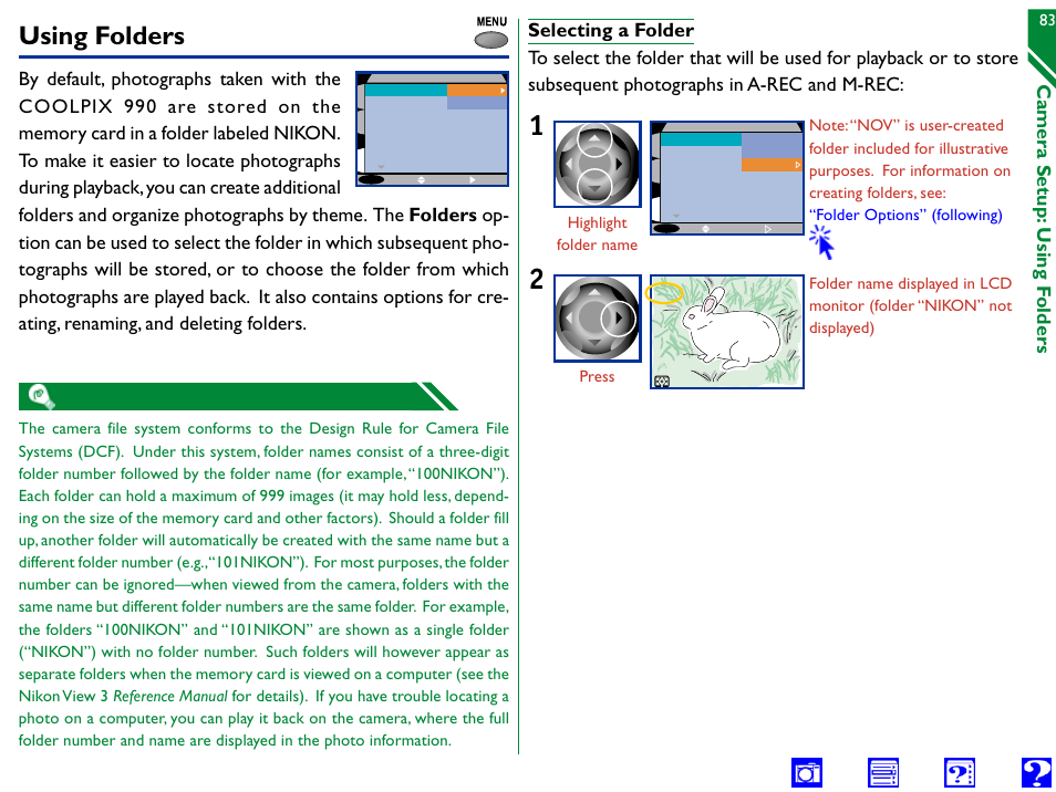 Using folders, Selecting a folder, Options | N i k o n, Camera setup: using f olders | Nikon 990 User Manual | Page 83 / 107