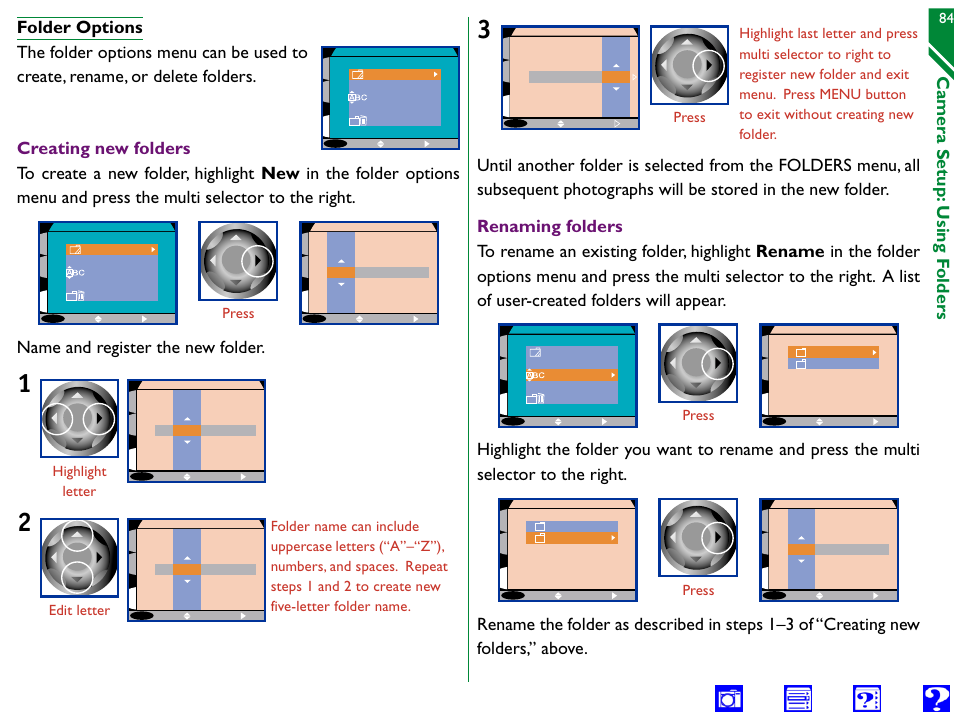 Folder options, Options, Delete | Rename, N o v s h o w, Camera setup: using f olders, Name and register the new folder, Press, Highlight letter | Nikon 990 User Manual | Page 84 / 107