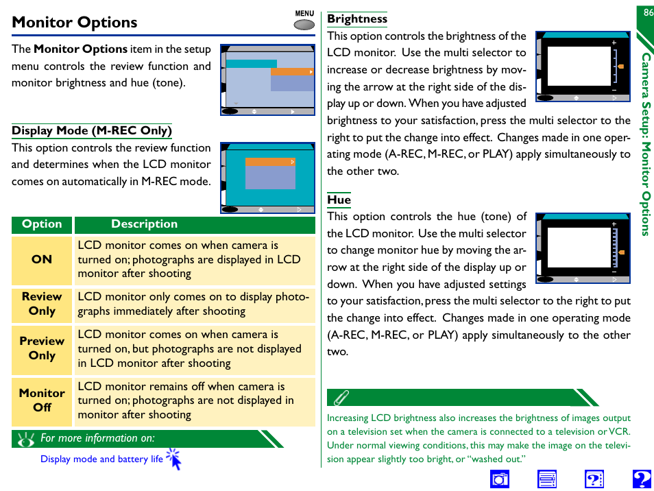 Monitor options, Display mode (m-rec only), Brightness | Brightness hue, Display mode, On review only preview only monitor off | Nikon 990 User Manual | Page 86 / 107