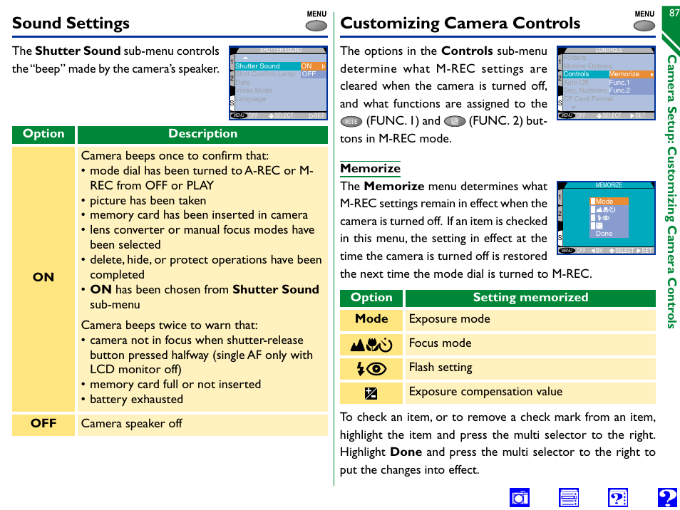 Sound settings, Customizing camera controls, Memorize | Memorize func.1 func.2, Memorize mode, Done | Nikon 990 User Manual | Page 87 / 107