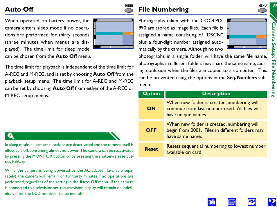 Auto off, File numbering, 3 0 s 1 m 5 m 3 0 m | On off, Reset, Camera setup: file numbering | Nikon 990 User Manual | Page 89 / 107