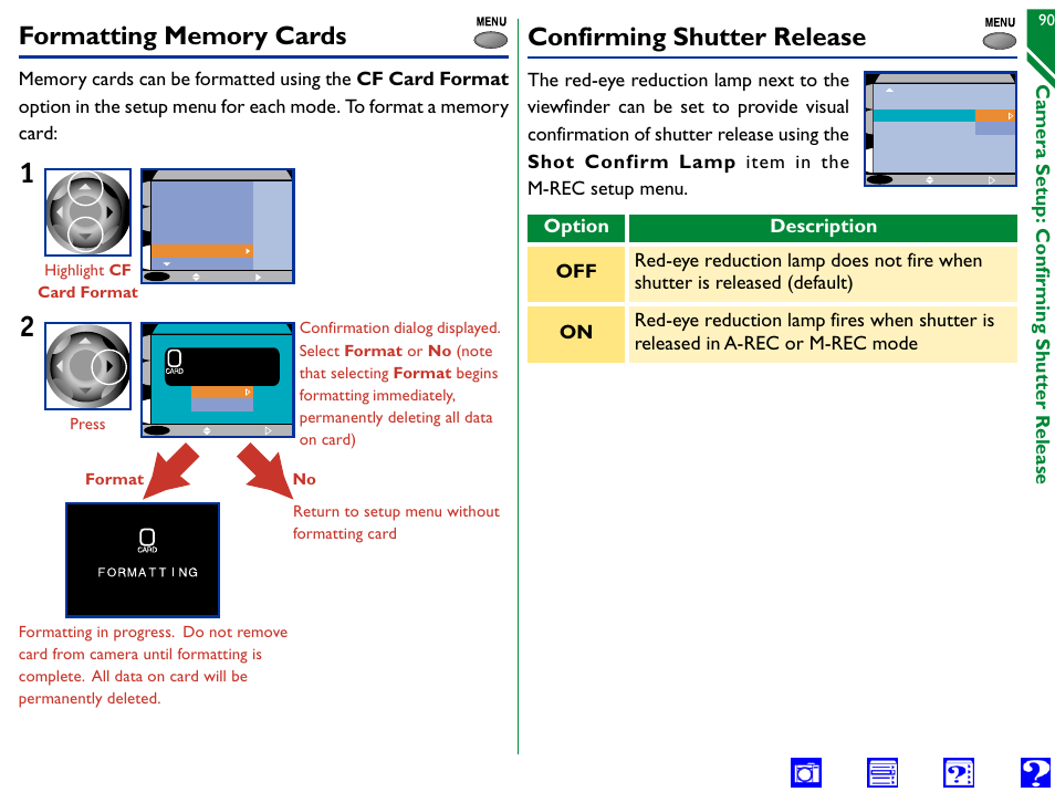 Formatting memory cards, Confirming shutter release, Cf card format | Format, Warning! all images will be deleted, Camera setup: confirming shutter release | Nikon 990 User Manual | Page 90 / 107