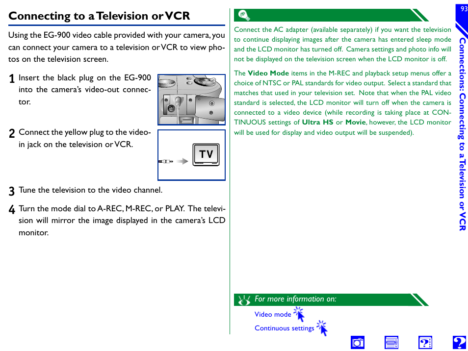 Connecting to a television or vcr, Video | Nikon 990 User Manual | Page 93 / 107