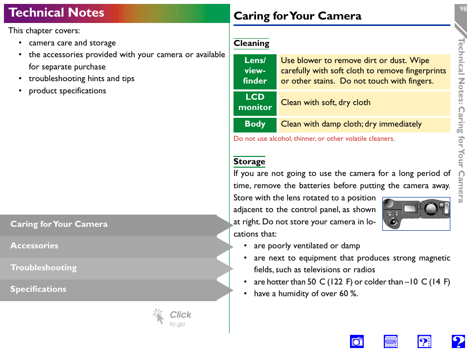 Technical notes, Caring for your camera, Cleaning | Storage | Nikon 990 User Manual | Page 98 / 107