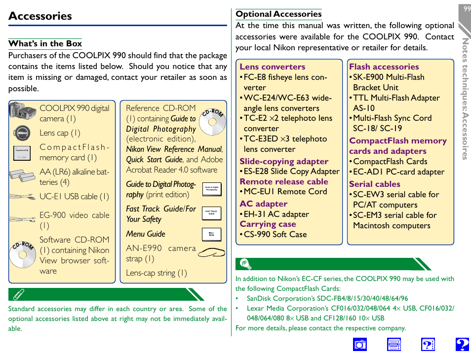 Accessories, What’s in the box, Optional accessories | Nikon 990 User Manual | Page 99 / 107