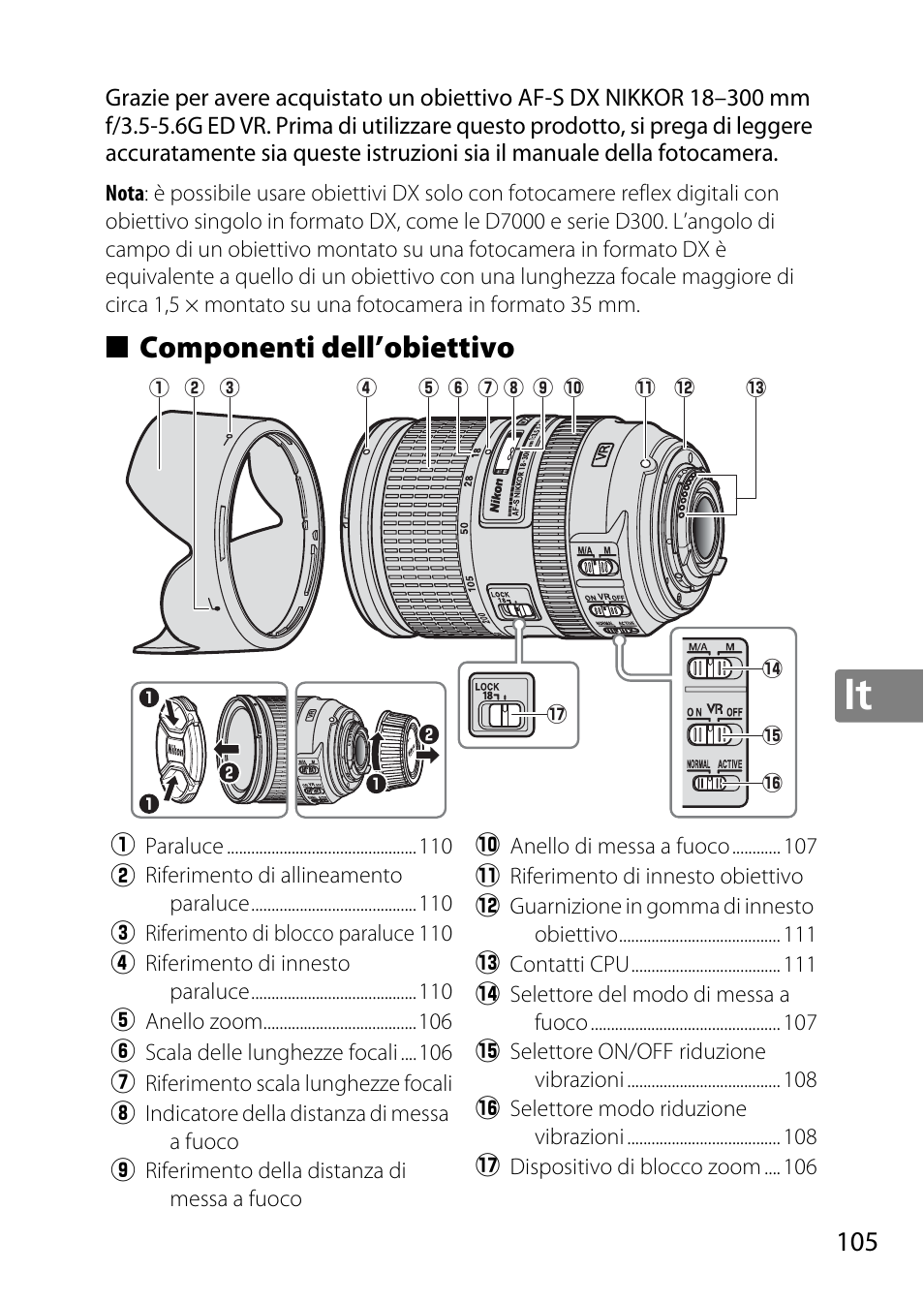 Componenti dell’obiettivo | Nikon AF-S DX NIKKOR 18-300mm f-3.5-5.6G ED VR User Manual | Page 105 / 200