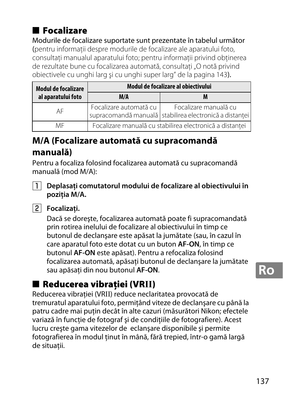 Focalizare, M/a (focalizare automată cu supracomandă manuală), Reducerea vibraţiei (vrii) | Reducerea vibraţiei (vr ii) | Nikon AF-S DX NIKKOR 18-300mm f-3.5-5.6G ED VR User Manual | Page 137 / 200