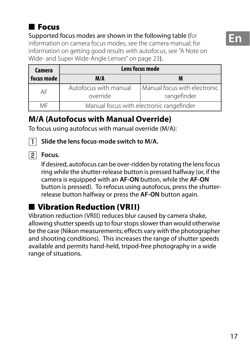 Focus, M/a (autofocus with manual override), Vibration reduction (vrii) | Vibration reduction (vr ii) | Nikon AF-S DX NIKKOR 18-300mm f-3.5-5.6G ED VR User Manual | Page 17 / 200