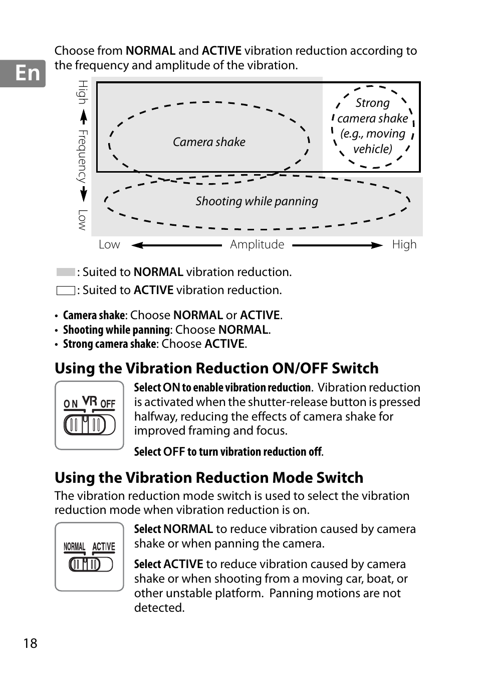 Using the vibration reduction on/off switch, Using the vibration reduction mode switch | Nikon AF-S DX NIKKOR 18-300mm f-3.5-5.6G ED VR User Manual | Page 18 / 200