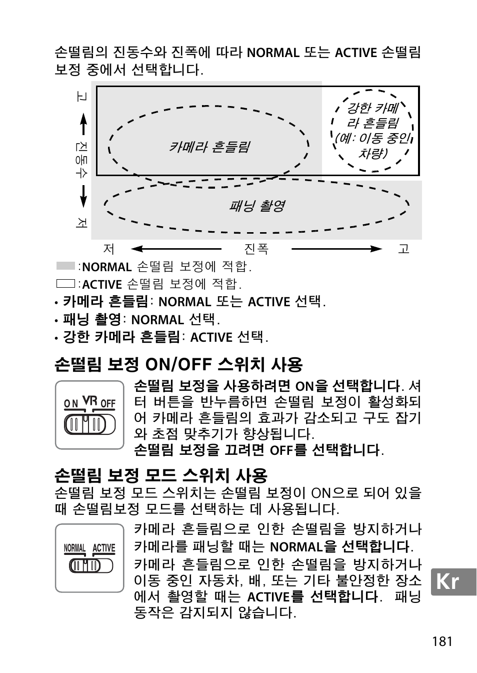손떨림 보정 on/off 스위치 사용, 손떨림 보정 모드 스위치 사용, 손떨림 보정 on/off 스위치 사용 손떨림 보정 모드 스위치 사용 | Nikon AF-S DX NIKKOR 18-300mm f-3.5-5.6G ED VR User Manual | Page 181 / 200