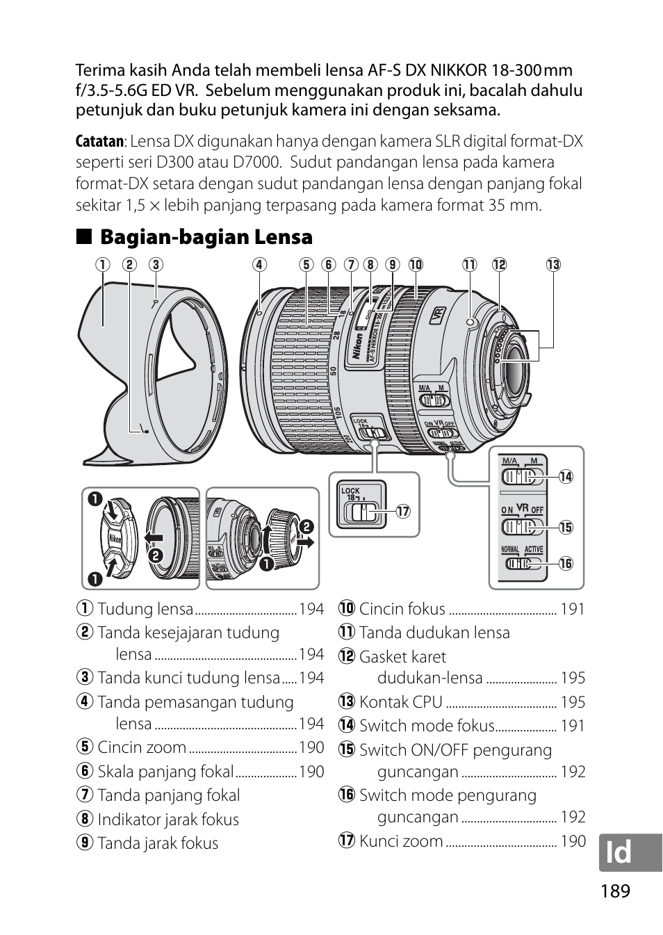 Bagian-bagian lensa | Nikon AF-S DX NIKKOR 18-300mm f-3.5-5.6G ED VR User Manual | Page 189 / 200