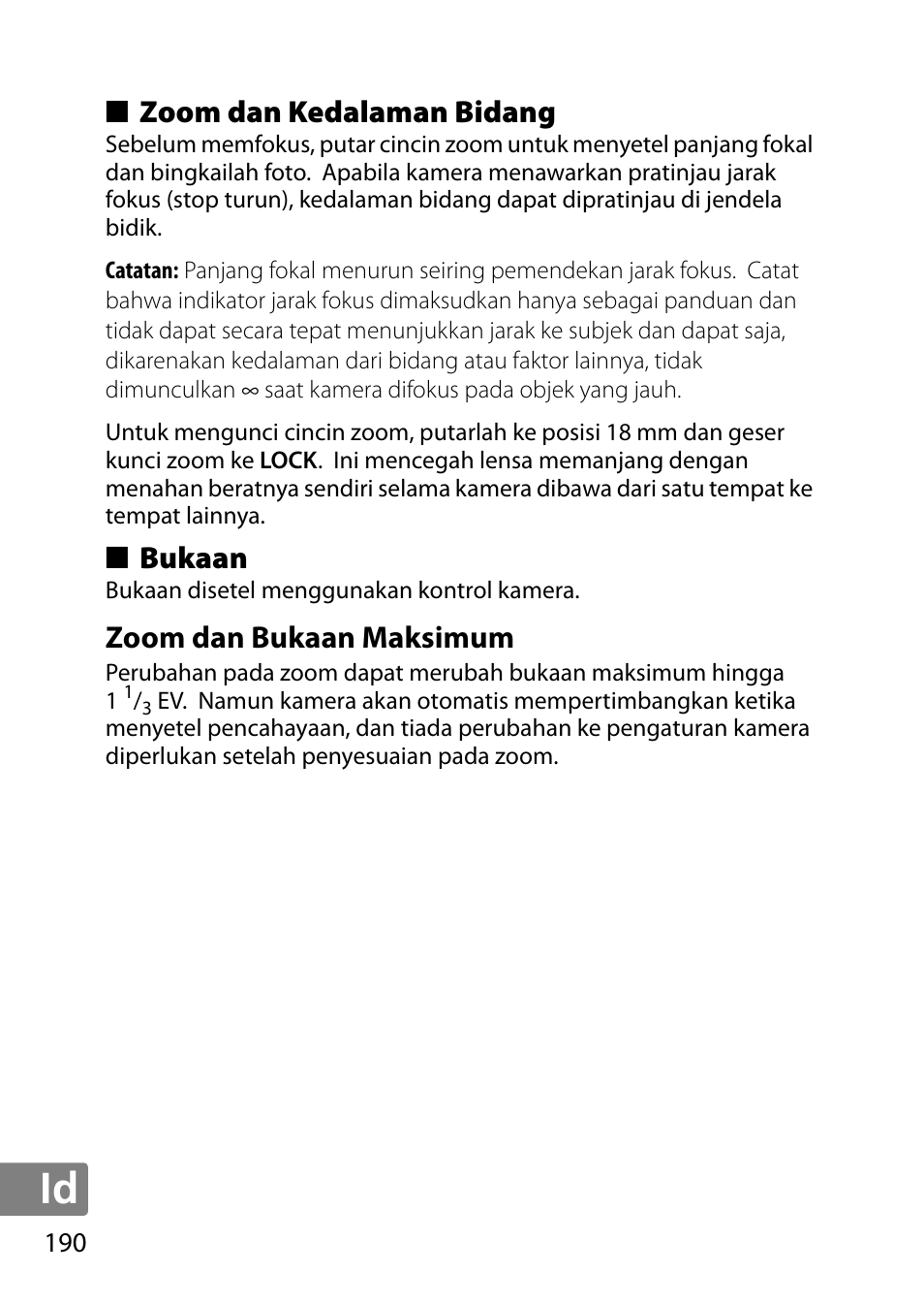 Zoom dan kedalaman bidang, Bukaan, Zoom dan bukaan maksimum | Nikon AF-S DX NIKKOR 18-300mm f-3.5-5.6G ED VR User Manual | Page 190 / 200