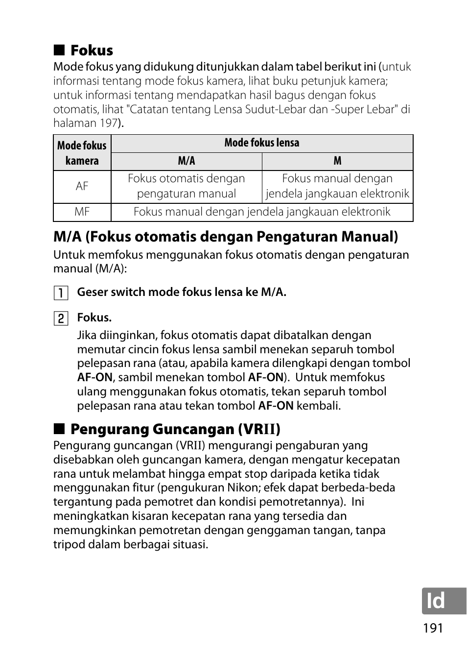 Fokus, M/a (fokus otomatis dengan pengaturan manual), Pengurang guncangan (vrii) | Pengurang guncangan (vr ii) | Nikon AF-S DX NIKKOR 18-300mm f-3.5-5.6G ED VR User Manual | Page 191 / 200