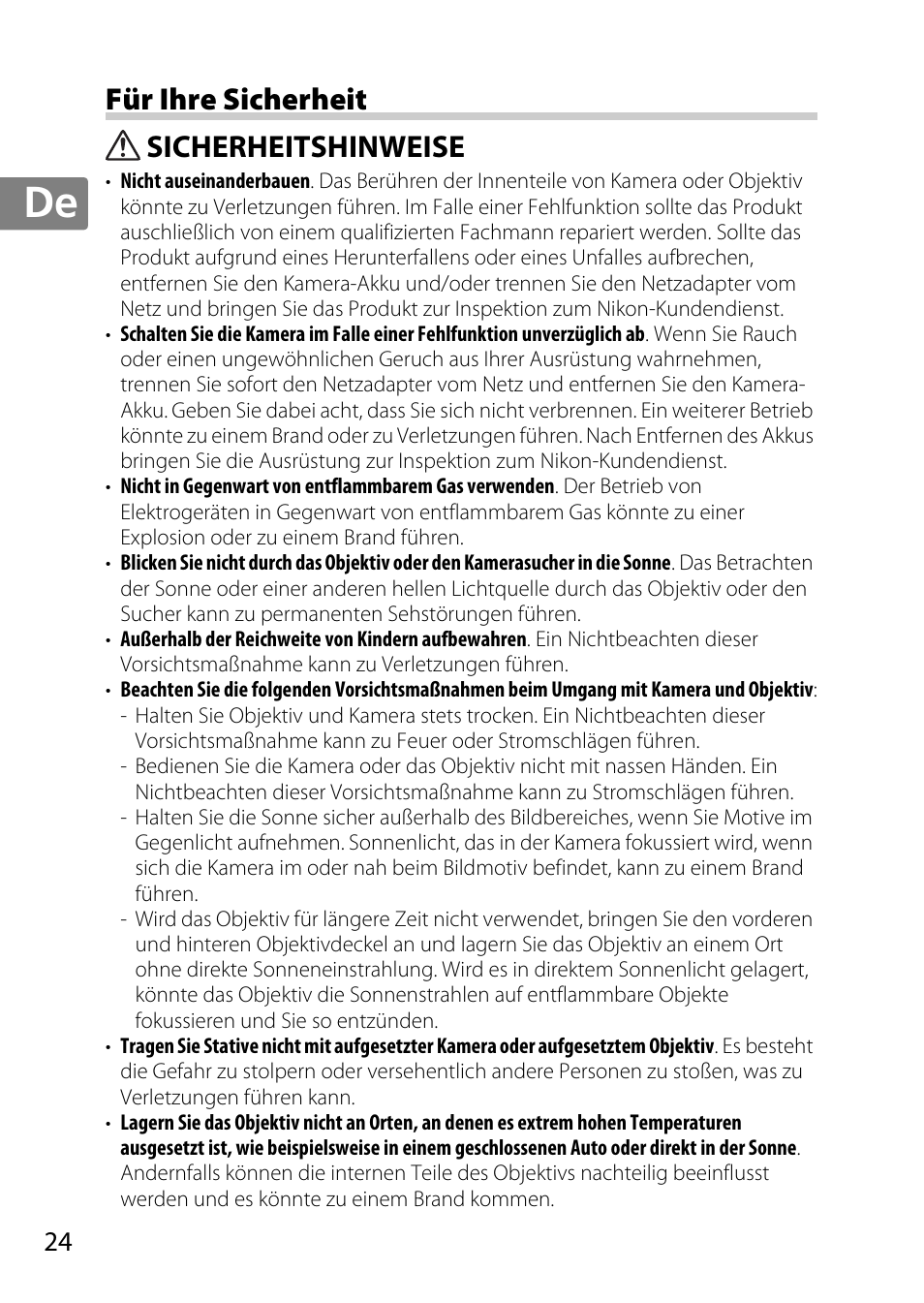 Für ihre sicherheit, Sicherheitshinweise | Nikon AF-S DX NIKKOR 18-300mm f-3.5-5.6G ED VR User Manual | Page 24 / 200