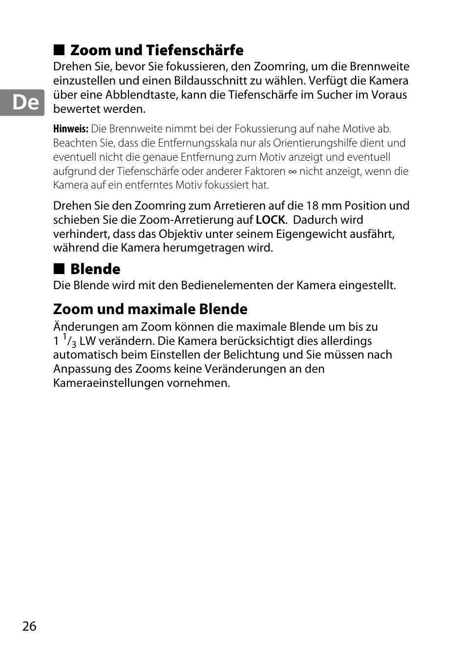 Zoom und tiefenschärfe, Blende, Zoom und maximale blende | Nikon AF-S DX NIKKOR 18-300mm f-3.5-5.6G ED VR User Manual | Page 26 / 200