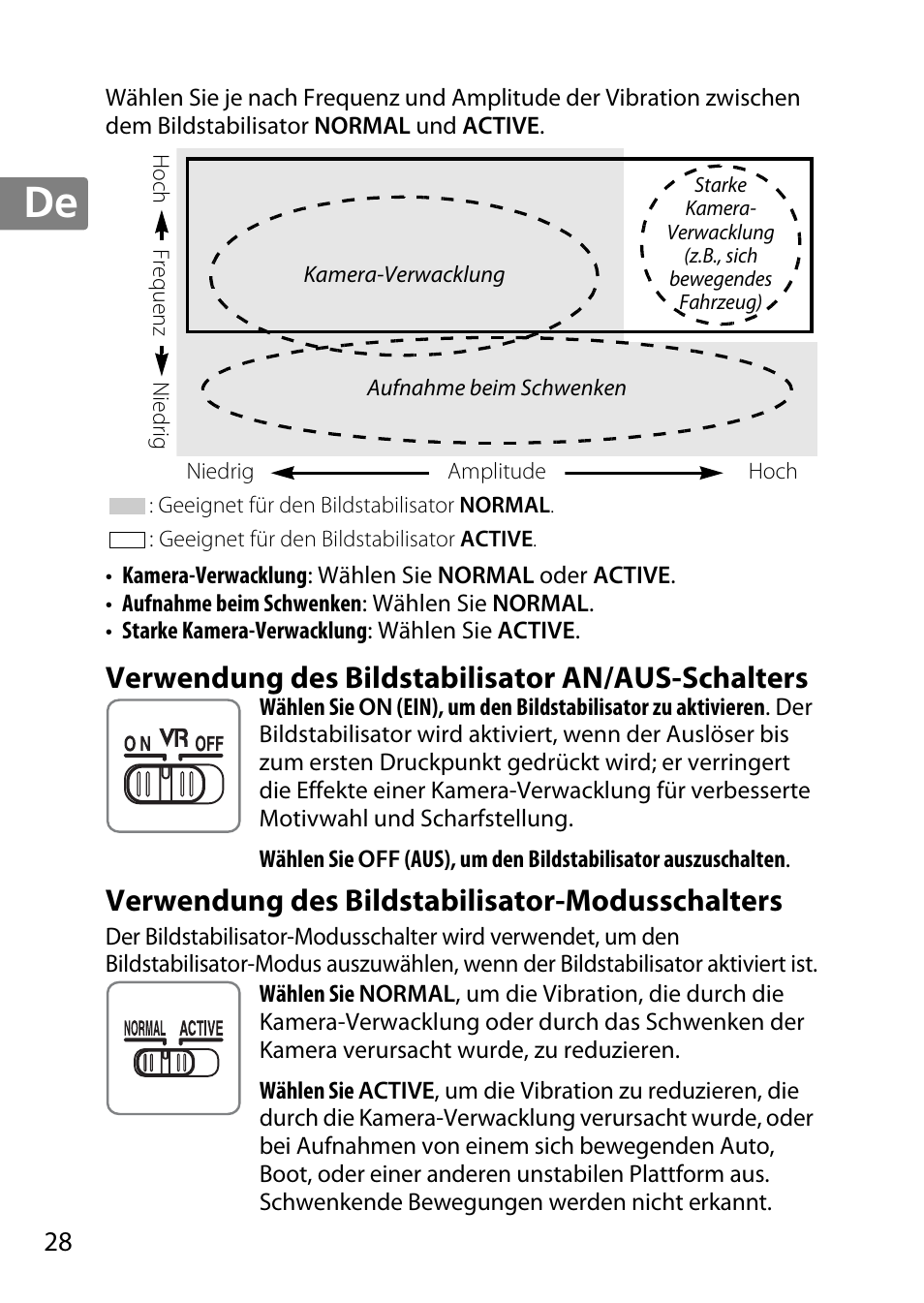 Verwendung des bildstabilisator an/aus-schalters, Verwendung des bildstabilisator-modusschalters | Nikon AF-S DX NIKKOR 18-300mm f-3.5-5.6G ED VR User Manual | Page 28 / 200