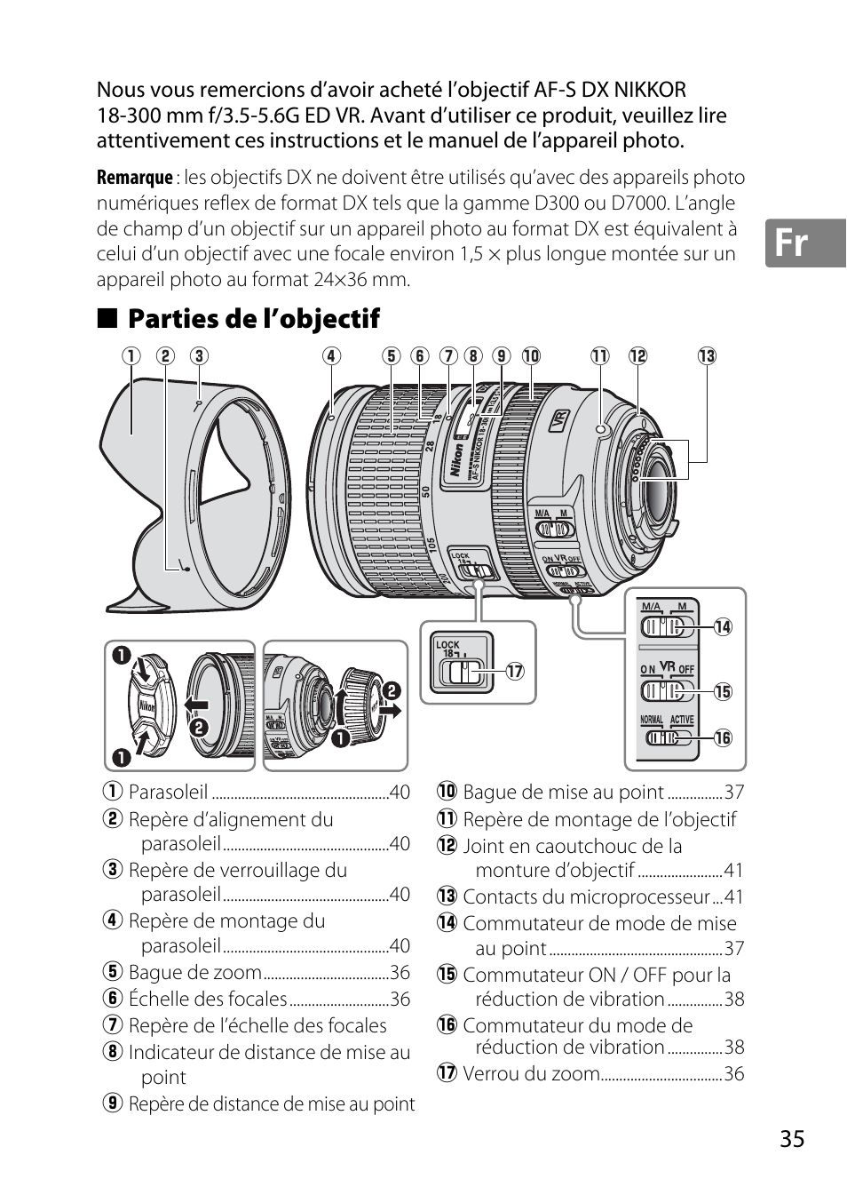 Parties de l’objectif | Nikon AF-S DX NIKKOR 18-300mm f-3.5-5.6G ED VR User Manual | Page 35 / 200