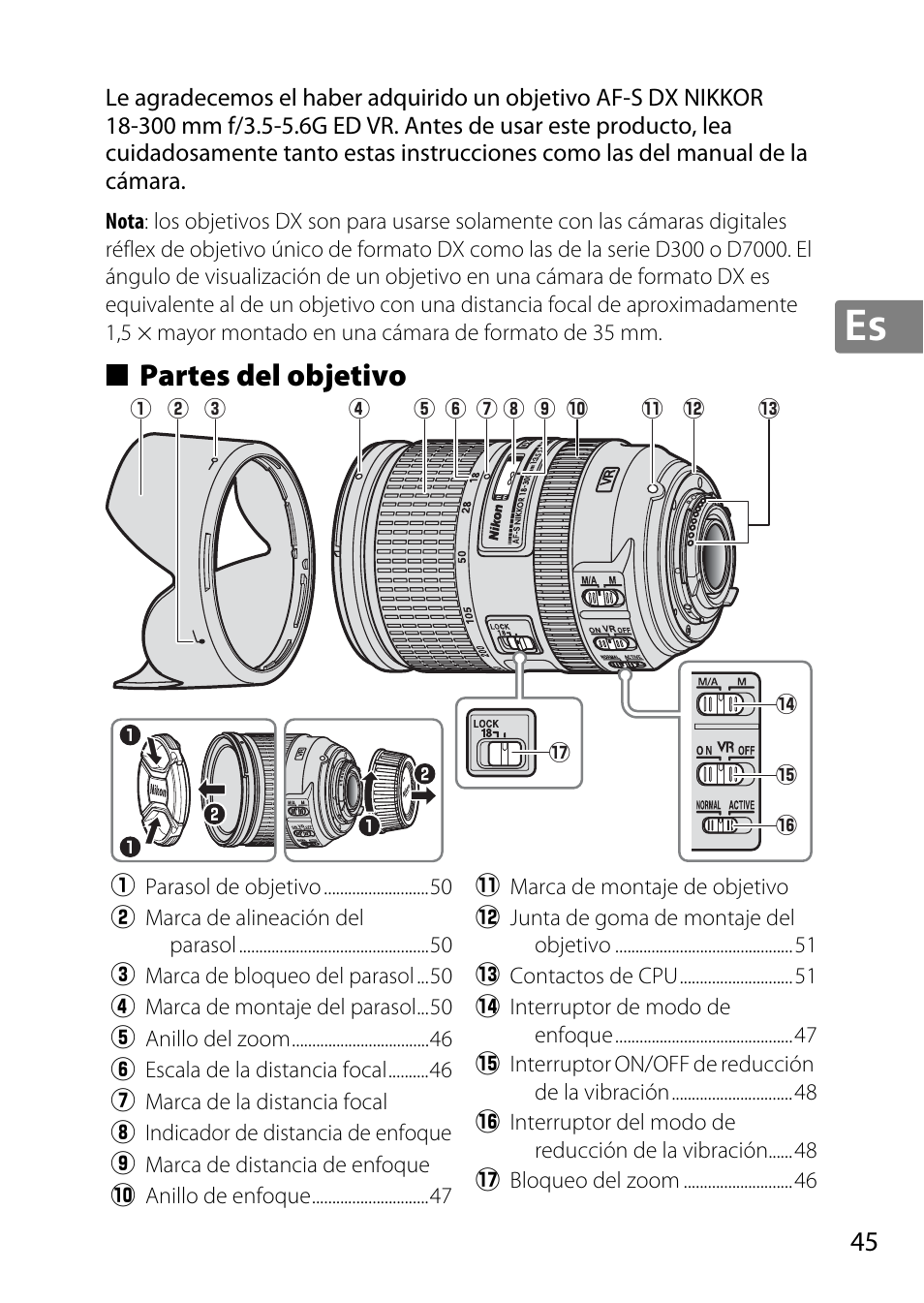 Partes del objetivo | Nikon AF-S DX NIKKOR 18-300mm f-3.5-5.6G ED VR User Manual | Page 45 / 200