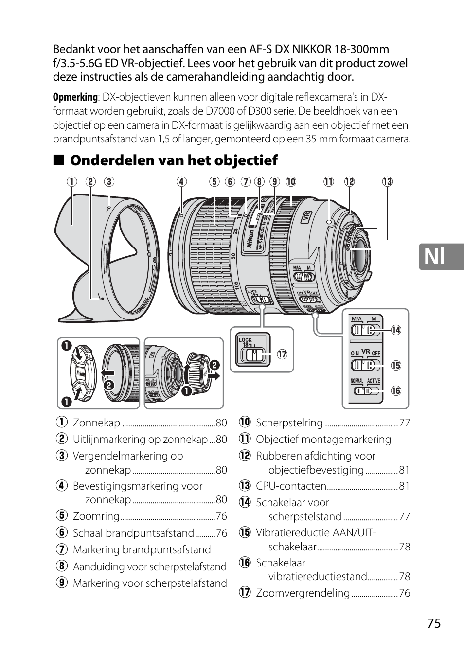 Onderdelen van het objectief | Nikon AF-S DX NIKKOR 18-300mm f-3.5-5.6G ED VR User Manual | Page 75 / 200