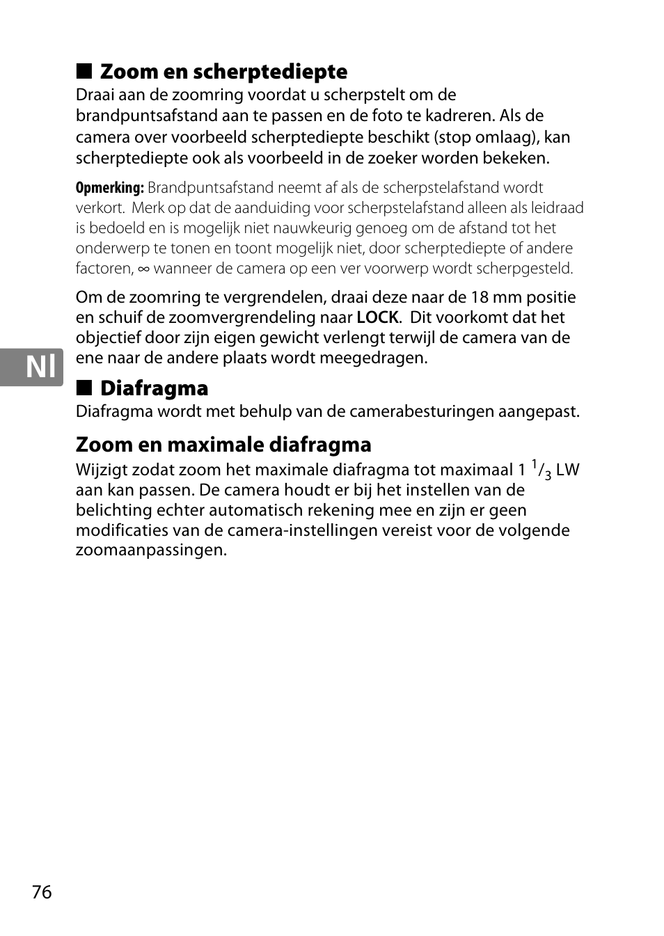 Zoom en scherptediepte, Diafragma, Zoom en maximale diafragma | Nikon AF-S DX NIKKOR 18-300mm f-3.5-5.6G ED VR User Manual | Page 76 / 200