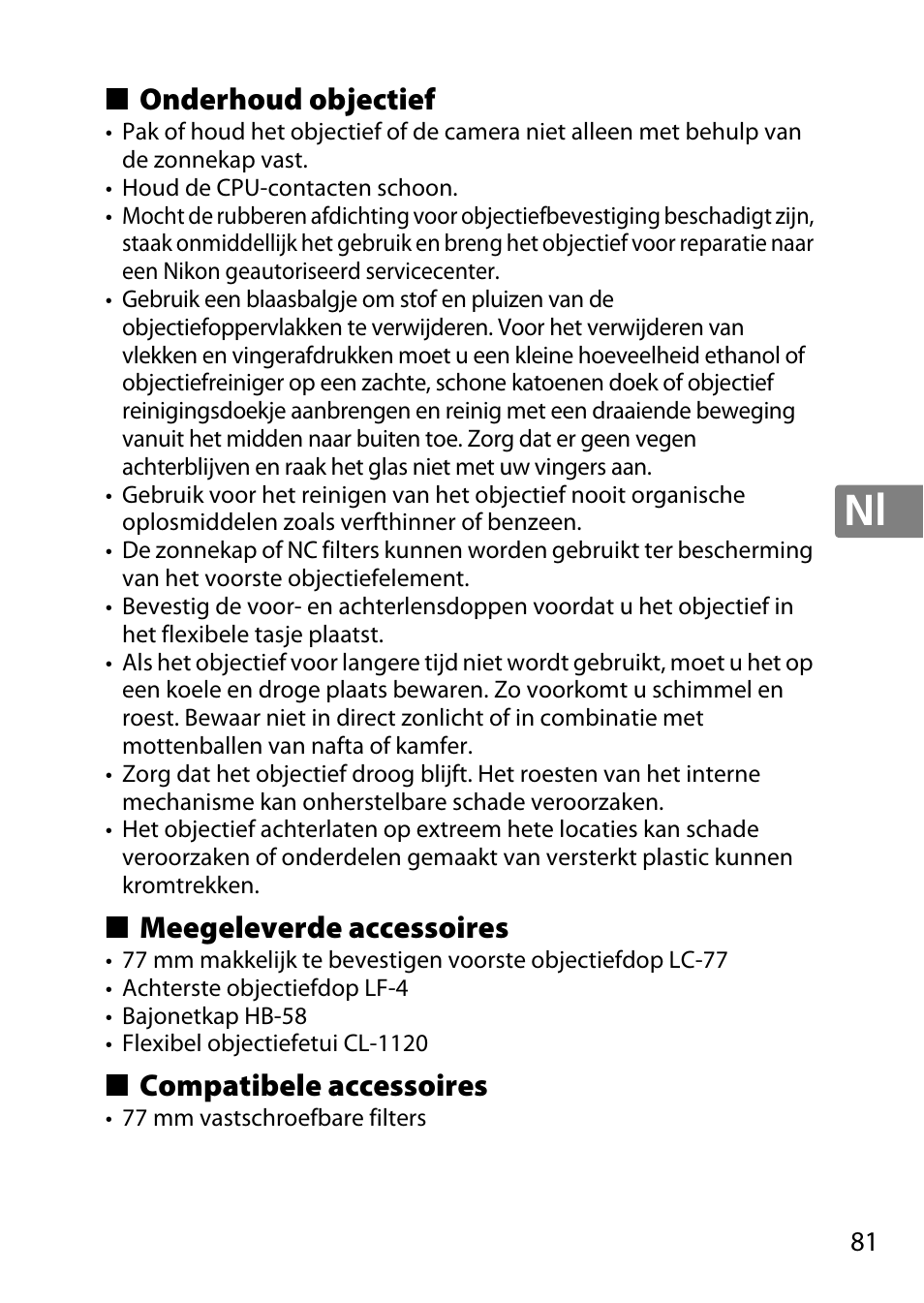 Onderhoud objectief, Meegeleverde accessoires, Compatibele accessoires | Nikon AF-S DX NIKKOR 18-300mm f-3.5-5.6G ED VR User Manual | Page 81 / 200