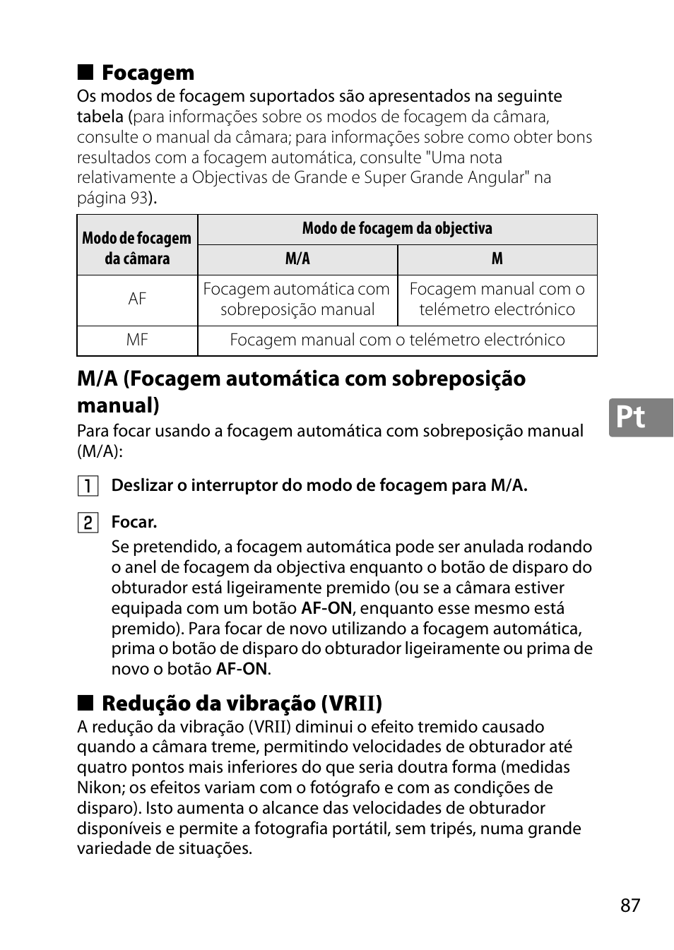 Focagem, M/a (focagem automática com sobreposição manual), Redução da vibração (vrii) | Redução da vibração (vr ii) | Nikon AF-S DX NIKKOR 18-300mm f-3.5-5.6G ED VR User Manual | Page 87 / 200
