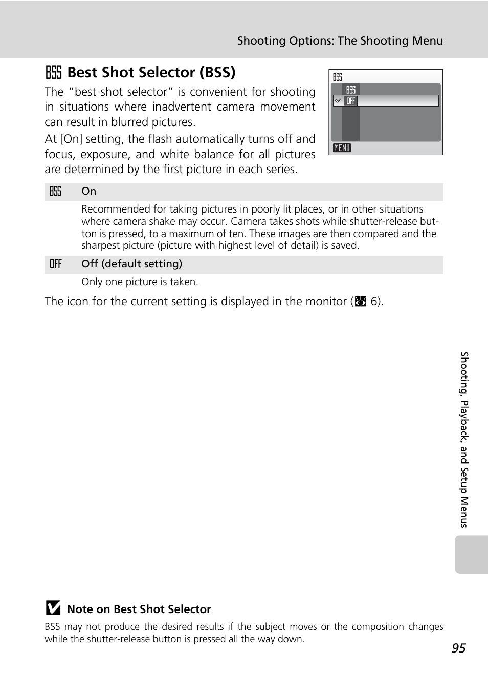 Best shot selector (bss), C 95), iso, C 95) | D bss (c 95, C 95, Bss (c 95), Abest shot selector (bss) | Nikon S50 User Manual | Page 107 / 156
